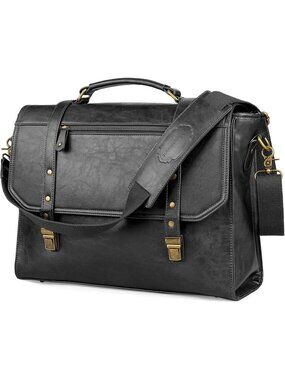 Men's Black Messenger bag 14 inch Waterproof PU Leather Briefcase Large